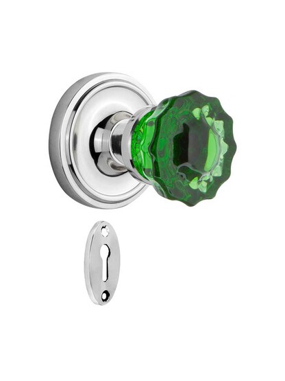 Classic Rosette Mortise Lock Set with Colored Fluted Crystal Glass Knobs Emerald in Polished Chrome.